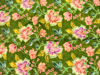Mehandi Green Pure Viscose Chinon Chifon  With Embroidered Fabric