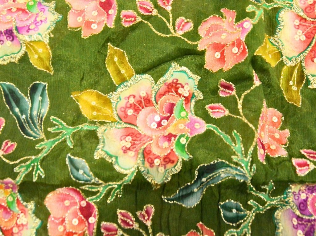 Mehandi Green Pure Viscose Chinon Chifon  With Embroidered Fabric