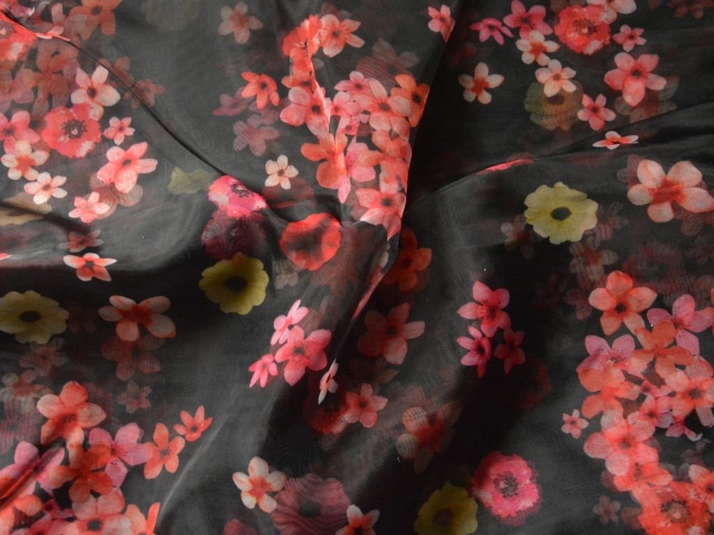 Black Floral Digital Printed Liquid Organza Fabric