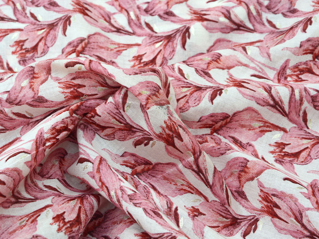 White & Rose Pink Pure Mul Mul Cotton Fabric