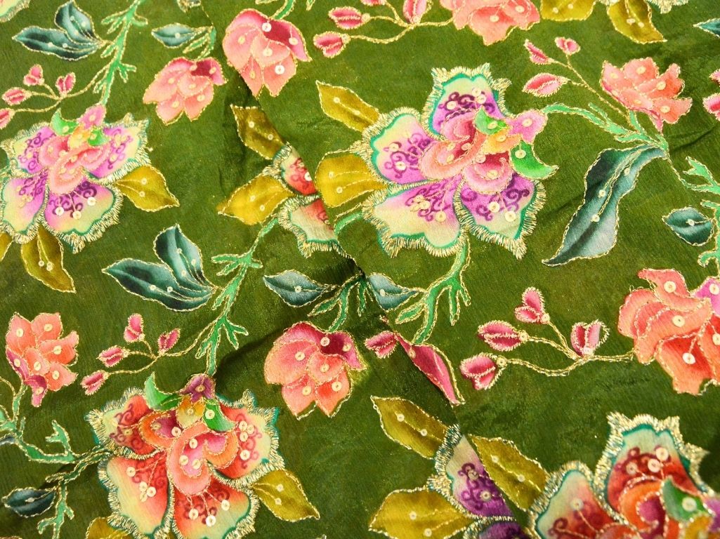 Mehandi Green Pure Viscose Chinon Chifon  With Embroidered Fabric