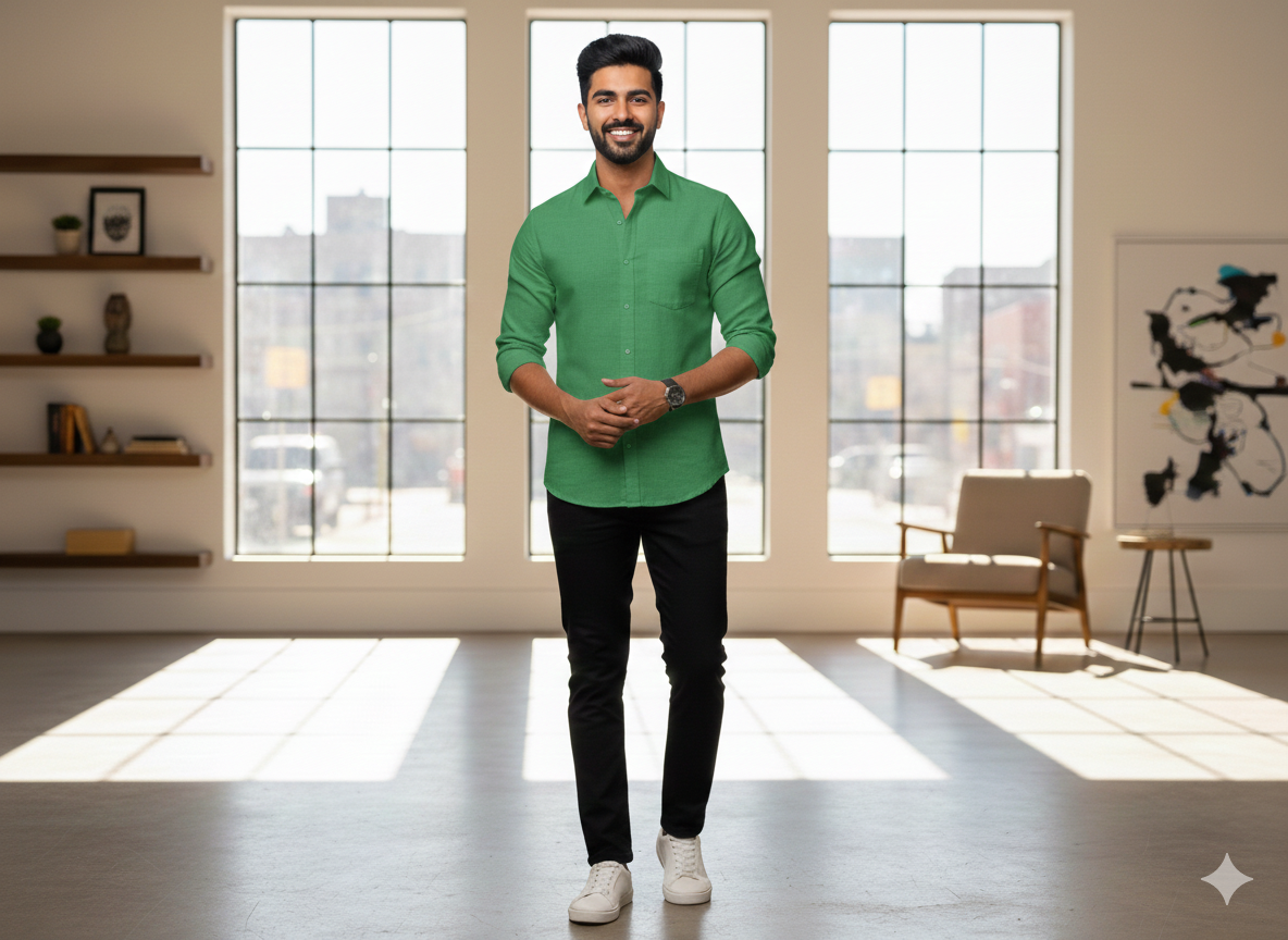 हरा सादा सूती लिनन कपड़ा