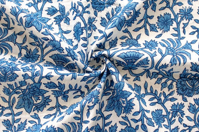 Blue & White Floral Kalamkari Printed Pure Cotton Fabric