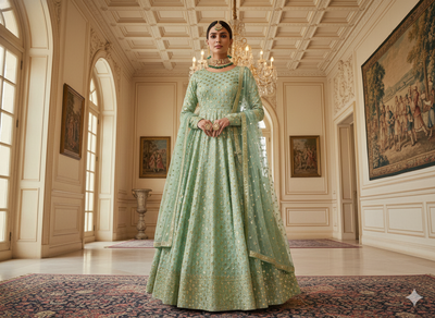 हल्के नीले रंग का मेटैलिक सेक्विन कढ़ाई वाला मलाई साटन कपड़ा