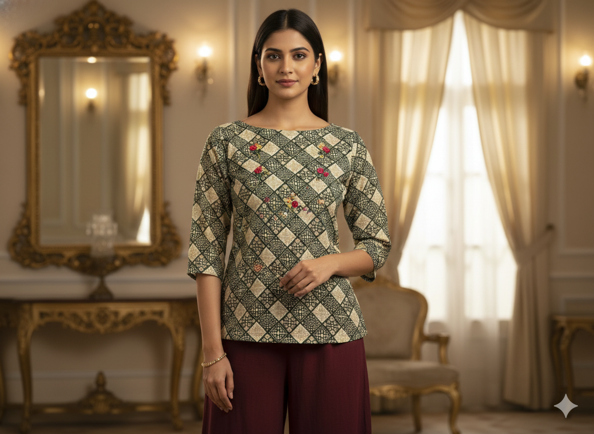 Dark Green Diamond Digitally Printed Butter Crepe Fabric