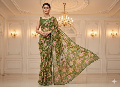 Mehandi Green Pure Viscose Chinon Chifon  With Embroidered Fabric