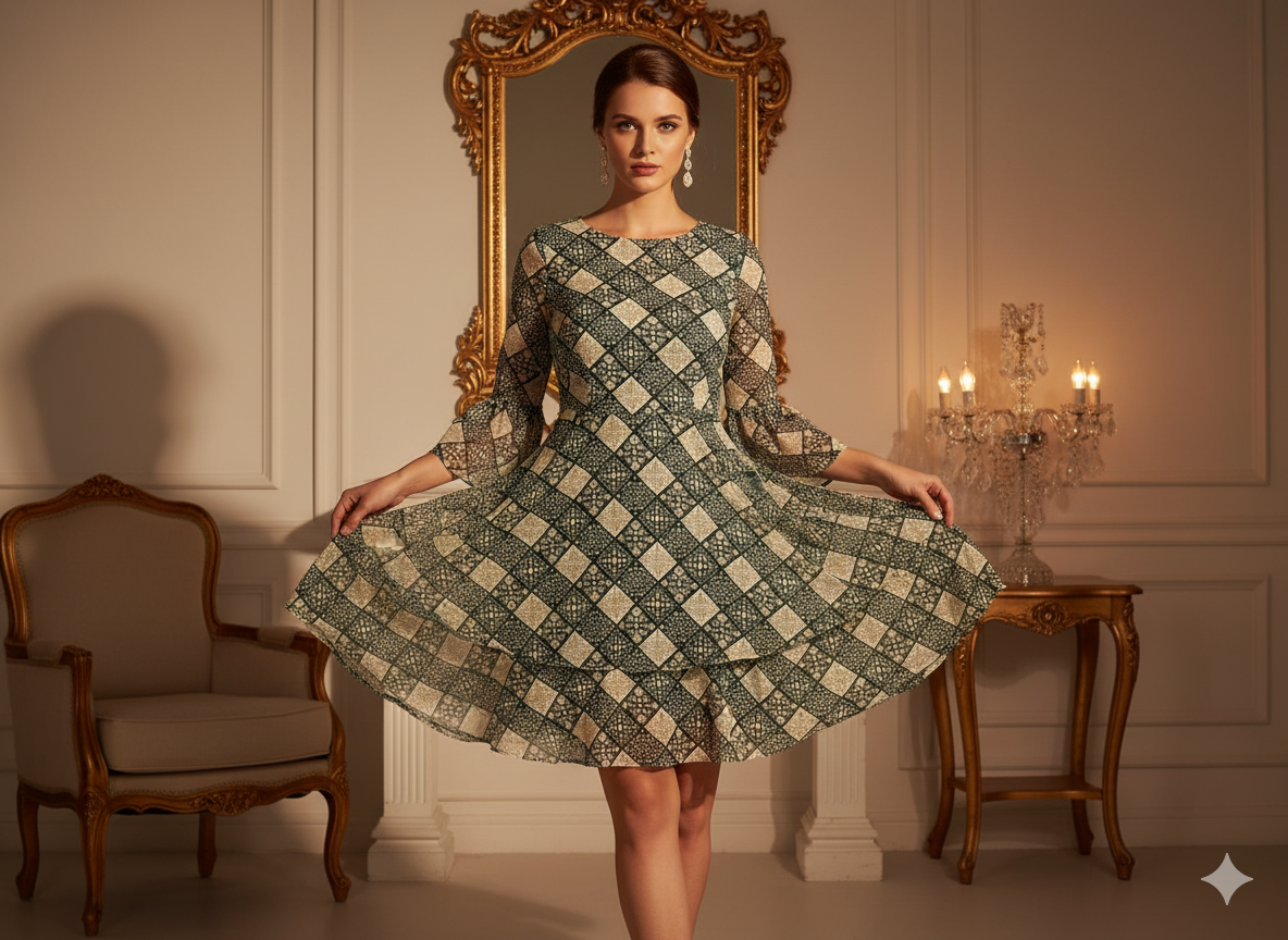 Dark Green Diamond Digitally Printed Butter Crepe Fabric
