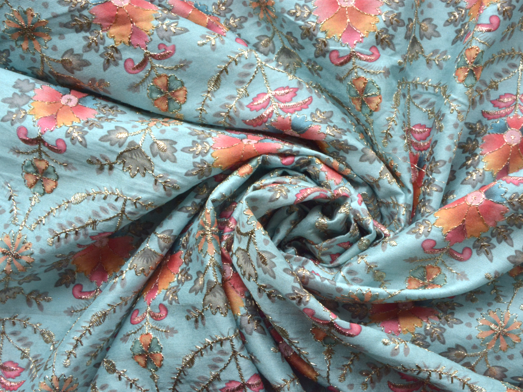 Ice Blue Traditional Digital Print Heavy Zari Embroidered Mulberry Silk Fabric