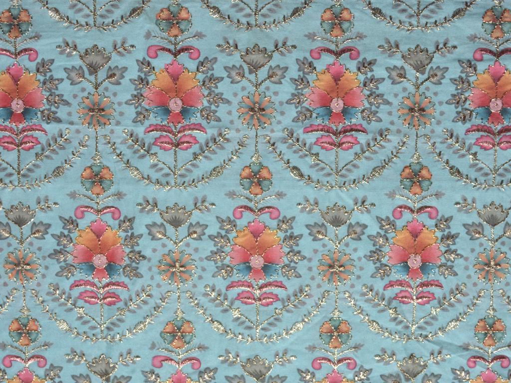 Ice Blue Traditional Digital Print Heavy Zari Embroidered Mulberry Silk Fabric