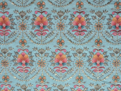 Ice Blue Traditional Digital Print Heavy Zari Embroidered Mulberry Silk Fabric