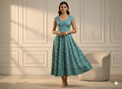 चैती नीला और हरा ज्यामितीय मुद्रित जैक्वार्ड कपड़ा