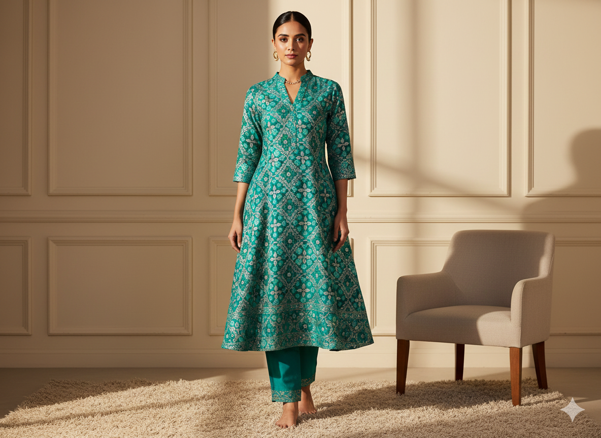 चैती नीला और हरा ज्यामितीय मुद्रित जैक्वार्ड कपड़ा