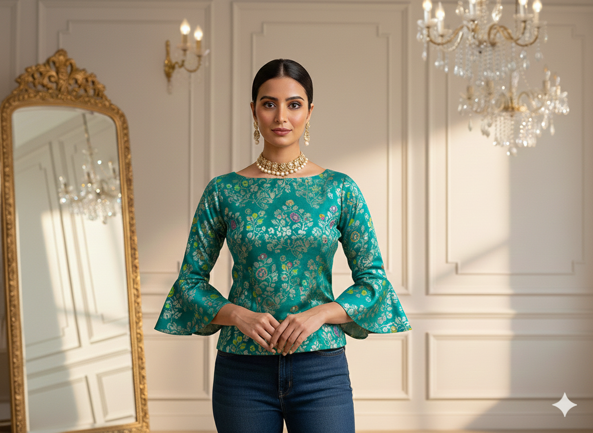 चैती नीला और हरा ज्यामितीय मुद्रित जैक्वार्ड कपड़ा