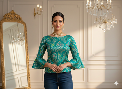 चैती नीला और हरा ज्यामितीय मुद्रित जैक्वार्ड कपड़ा