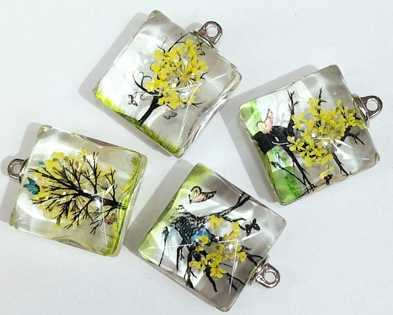 Green & Yellow Square Tree Design Resin Pendants