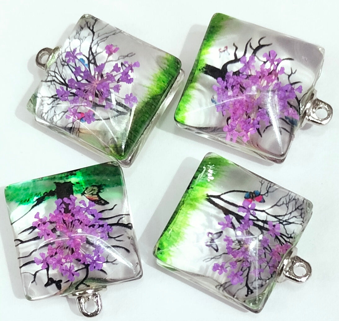 Green & Purple Square Tree Design Resin Pendants