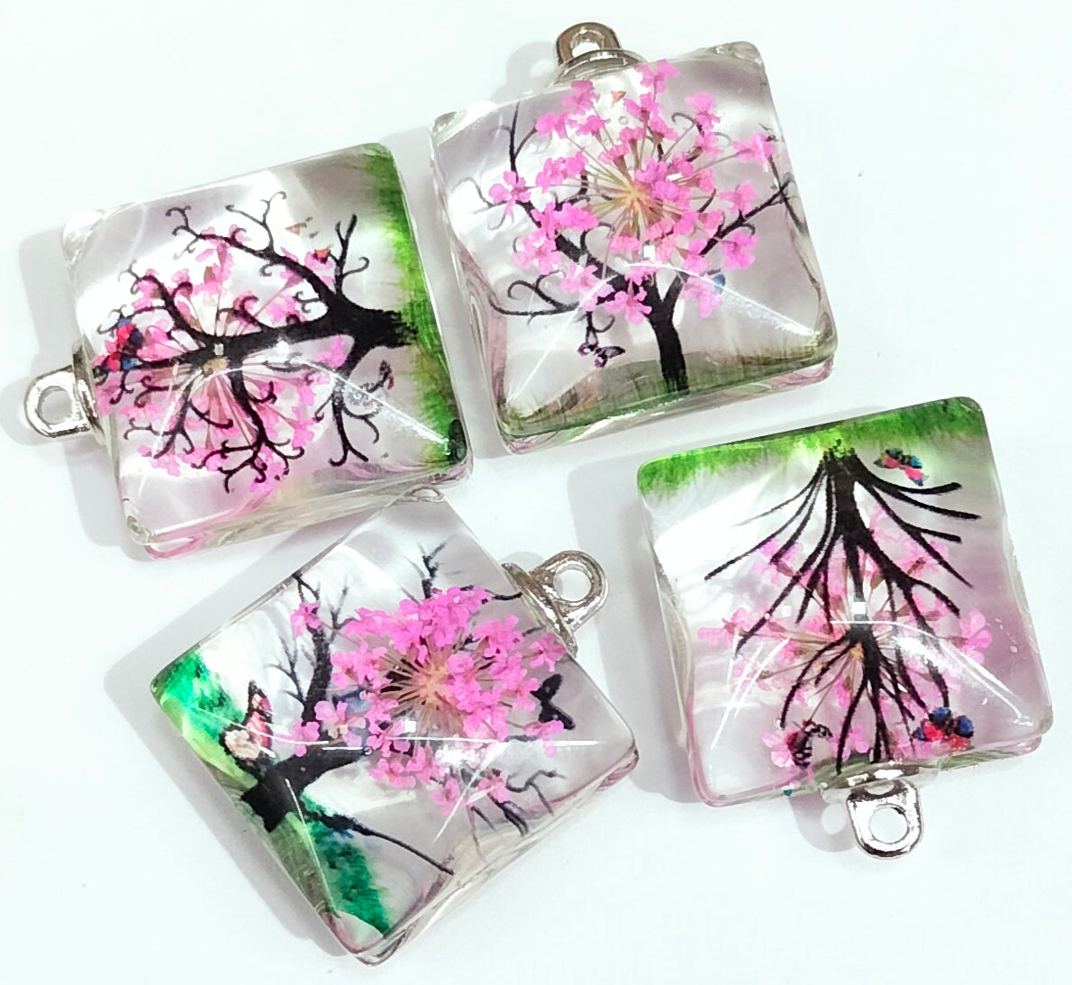 Light Pink & Green Square Tree Design Resin Pendants