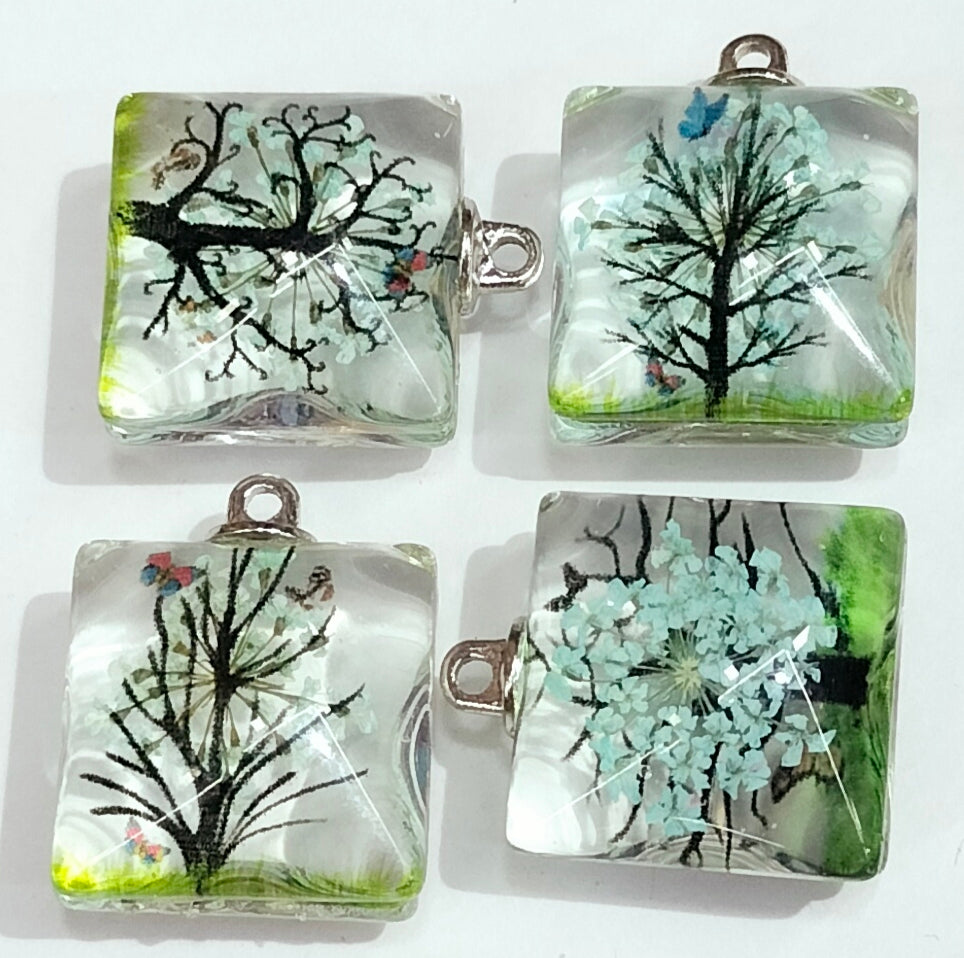 Light Sage Green  Square Tree Design Resin Pendants