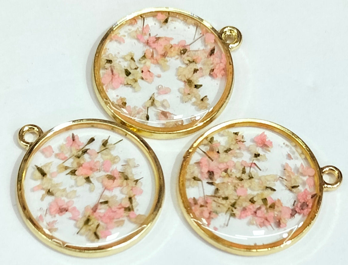 Peach & Golden Spherical Floral Design Resin Pendants with One Hole