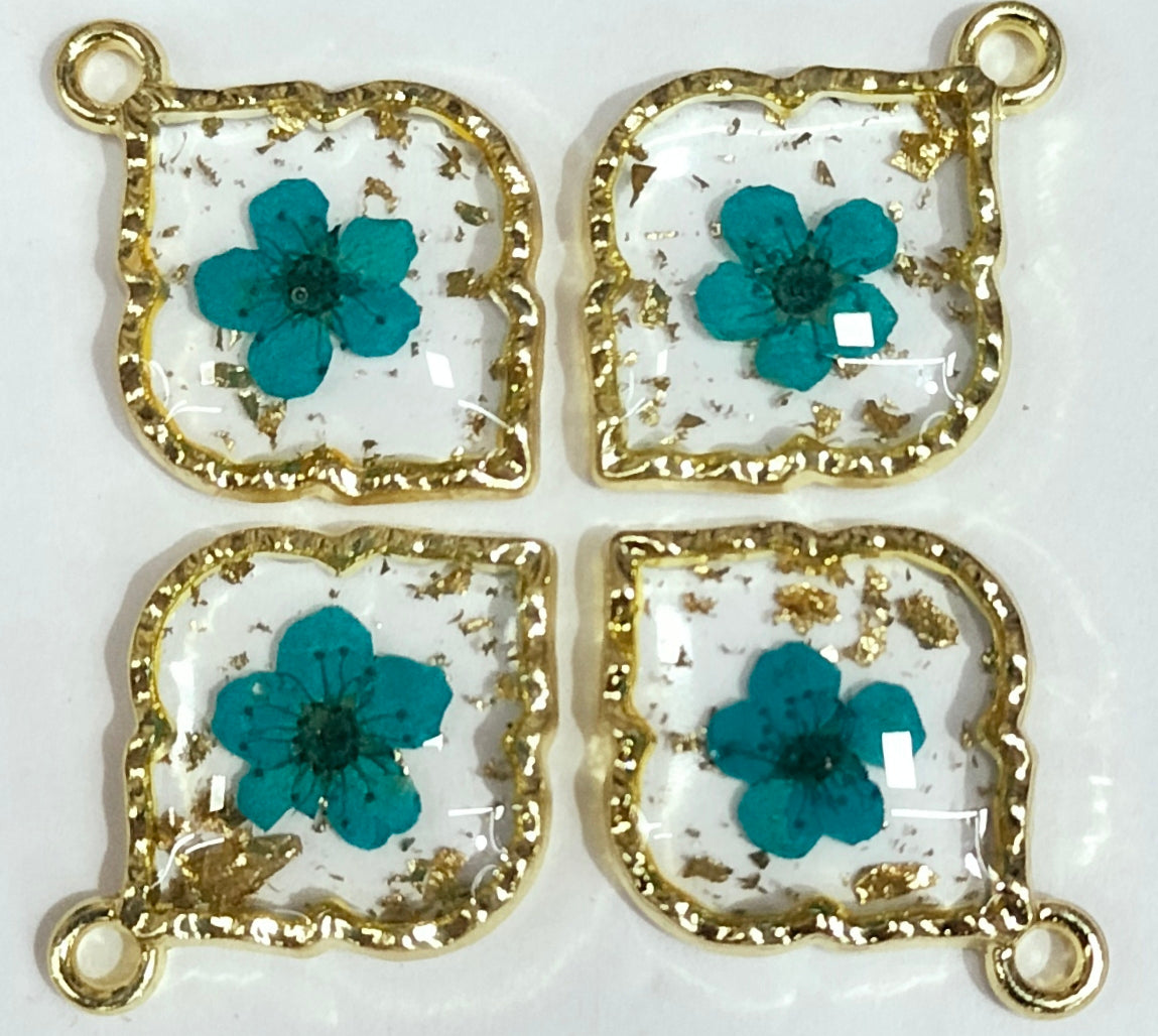 Teal & Golden Leaf Shaped Floral Design Resin Pendants with One Hole