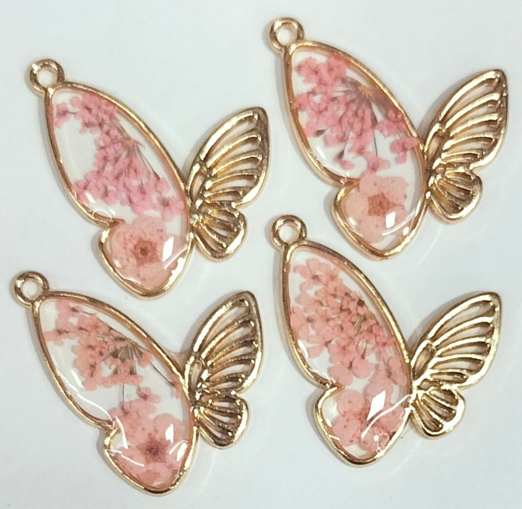 Peach & Golden Butterfly Floral Rsin Charms with One Hole