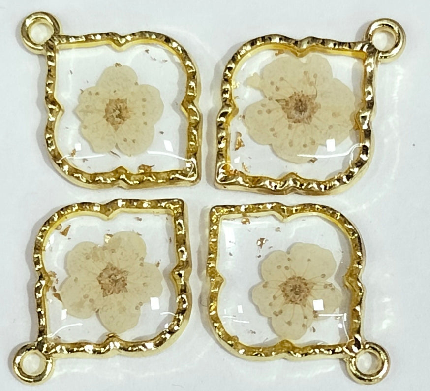 Pale Yellow & Golden Leaf Shaped Floral Design Resin Pendants with One Hole