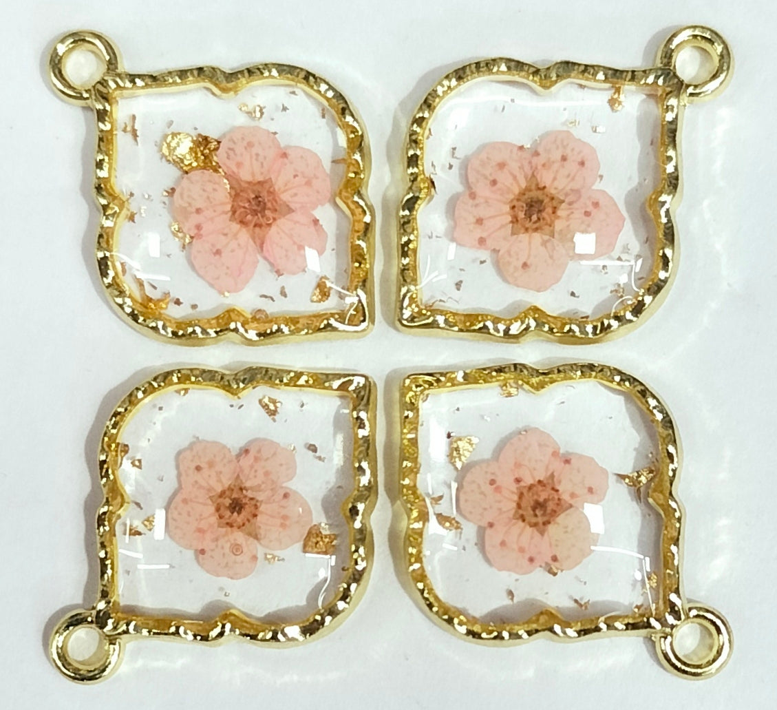 Peach & Golden Leaf Shaped Floral Design Resin Pendants with One Hole