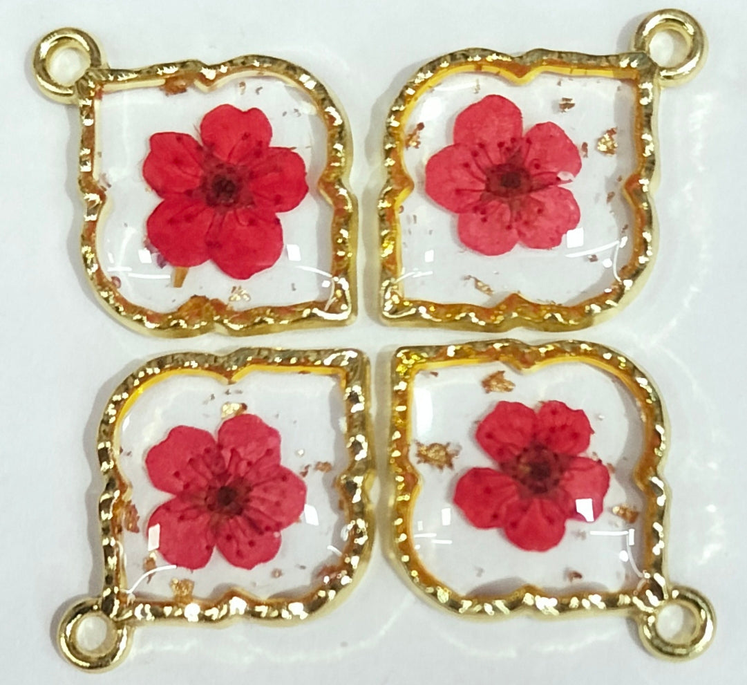 Red & Golden Leaf Shaped Floral Design Resin Pendants with One Hole