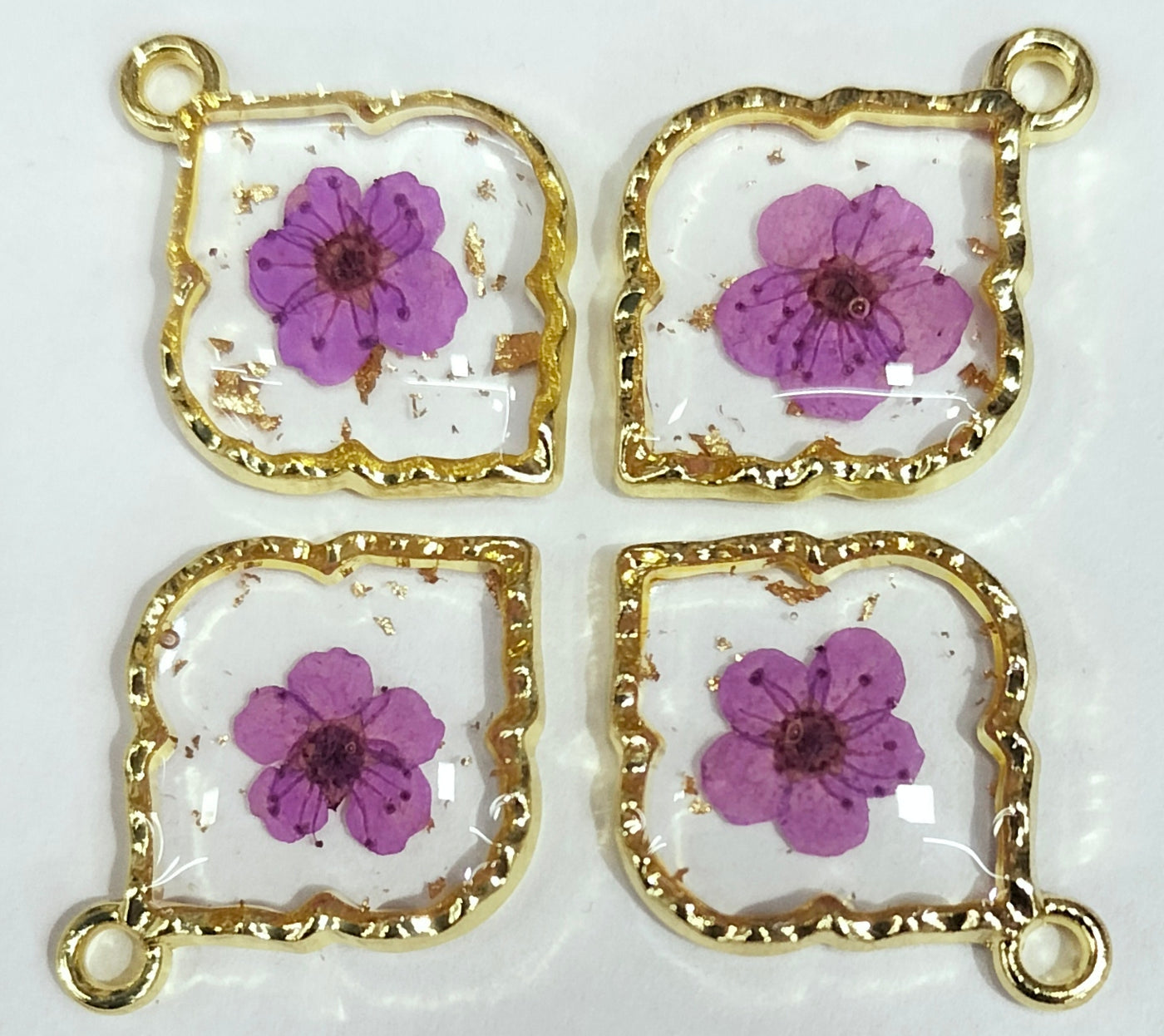 Purple & Golden Leaf Shaped Floral Design Resin Pendants with One Hole