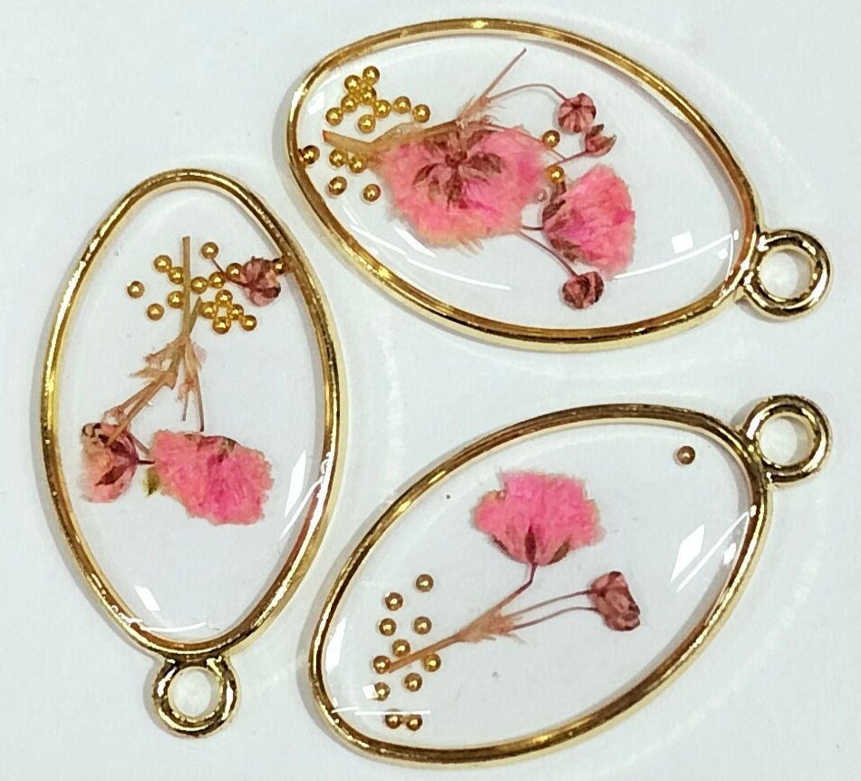 Pink & Golden Oval Shaped Floral Design Resin Pendants with One Hole