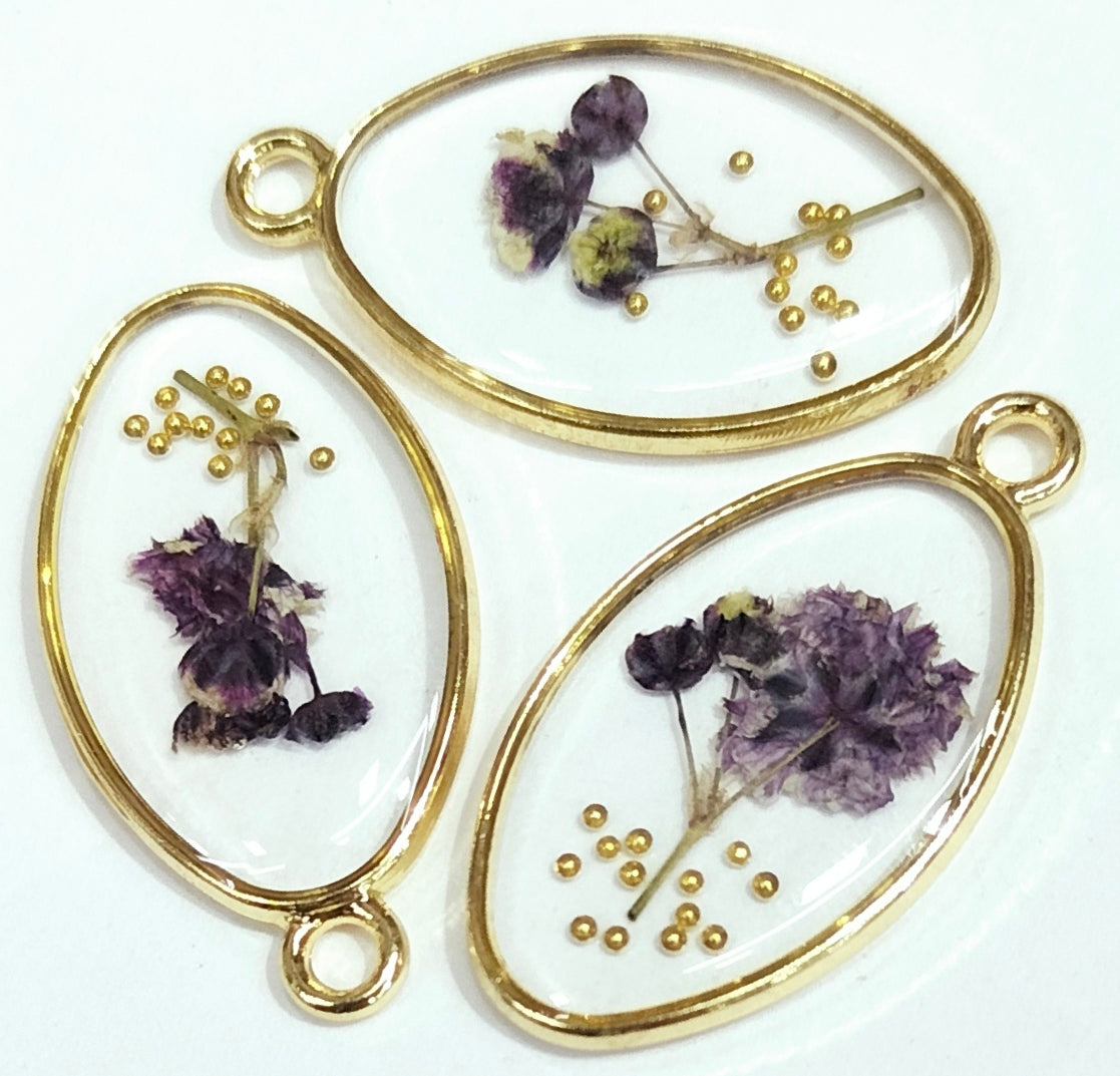 Dark Purple Oval Shaped Floral Design Resin Pendants with One Hole