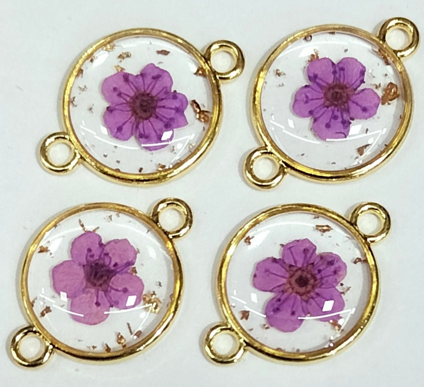 Purple & Golden Spherical Floral Design Resin Pendants with Two Holes