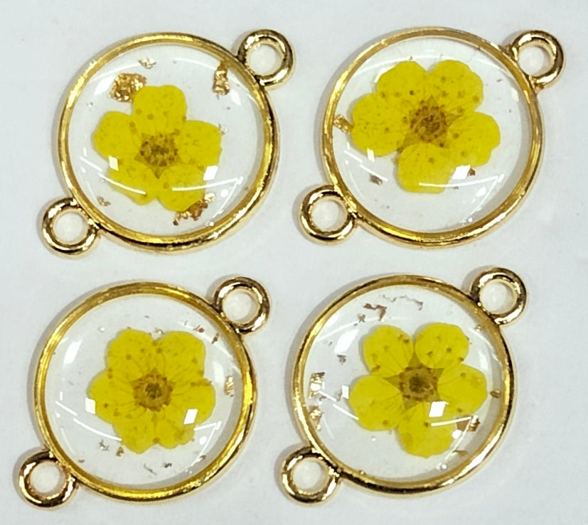 Yellow & Golden Spherical Floral Design Resin Pendants with Two Holes