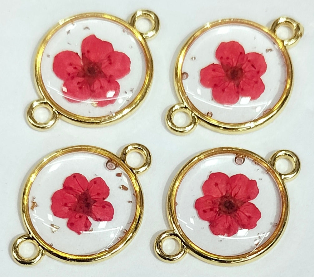 Red & Golden Spherical Floral Design Resin Pendants with Two Holes