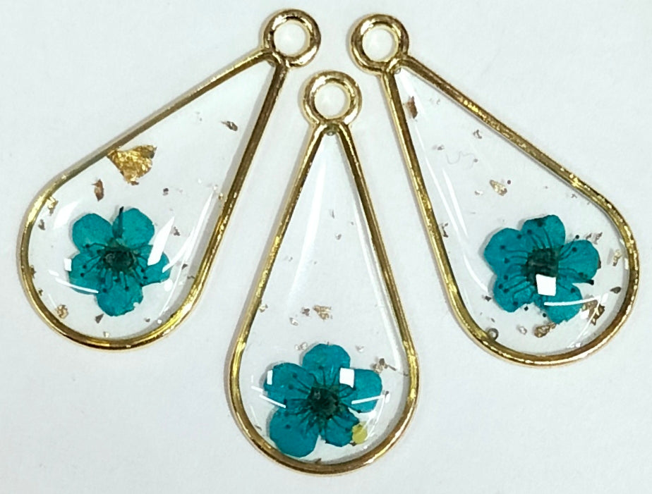 Teal Drop Shaped Floral Design Resin Pendants with One Hole