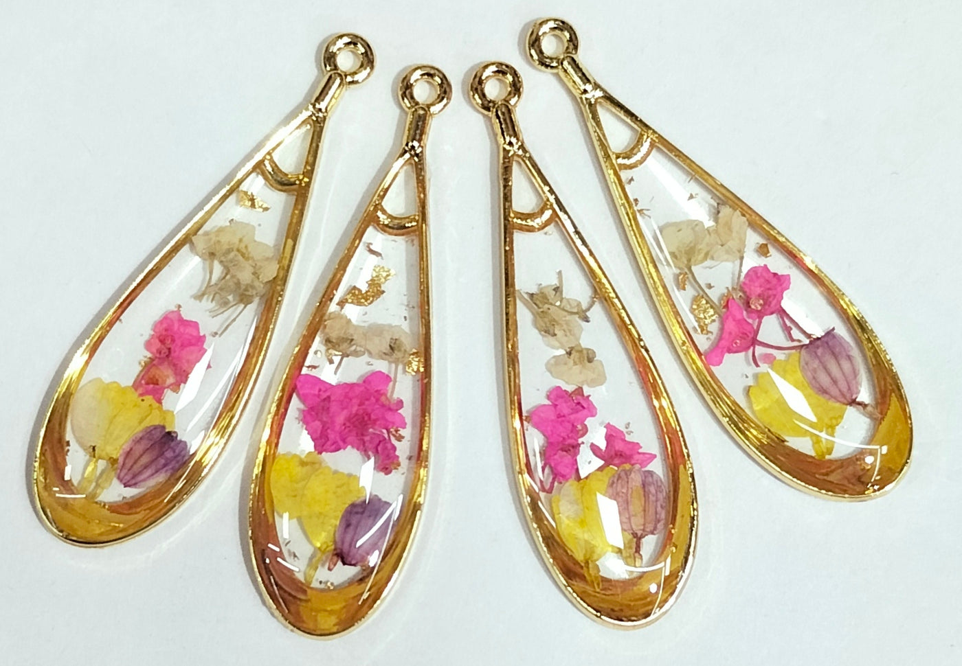 Pink & Yellow Tear Drop Shaped Floral Design Resin Pendants with One Hole