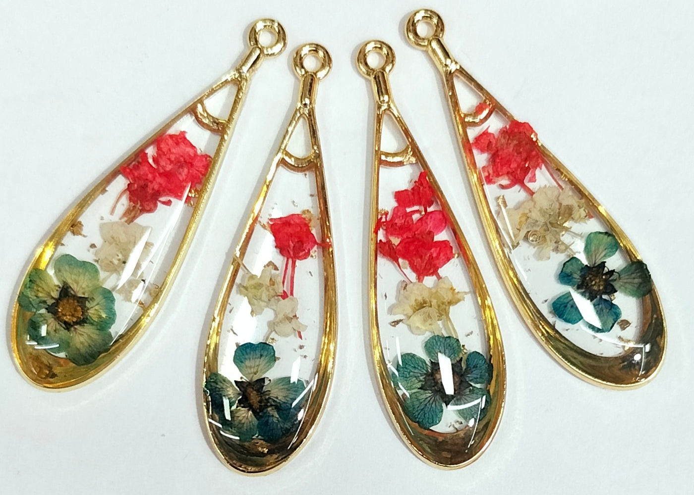 Green & Red Tear Drop Shaped Floral Design Resin Pendants with One Hole