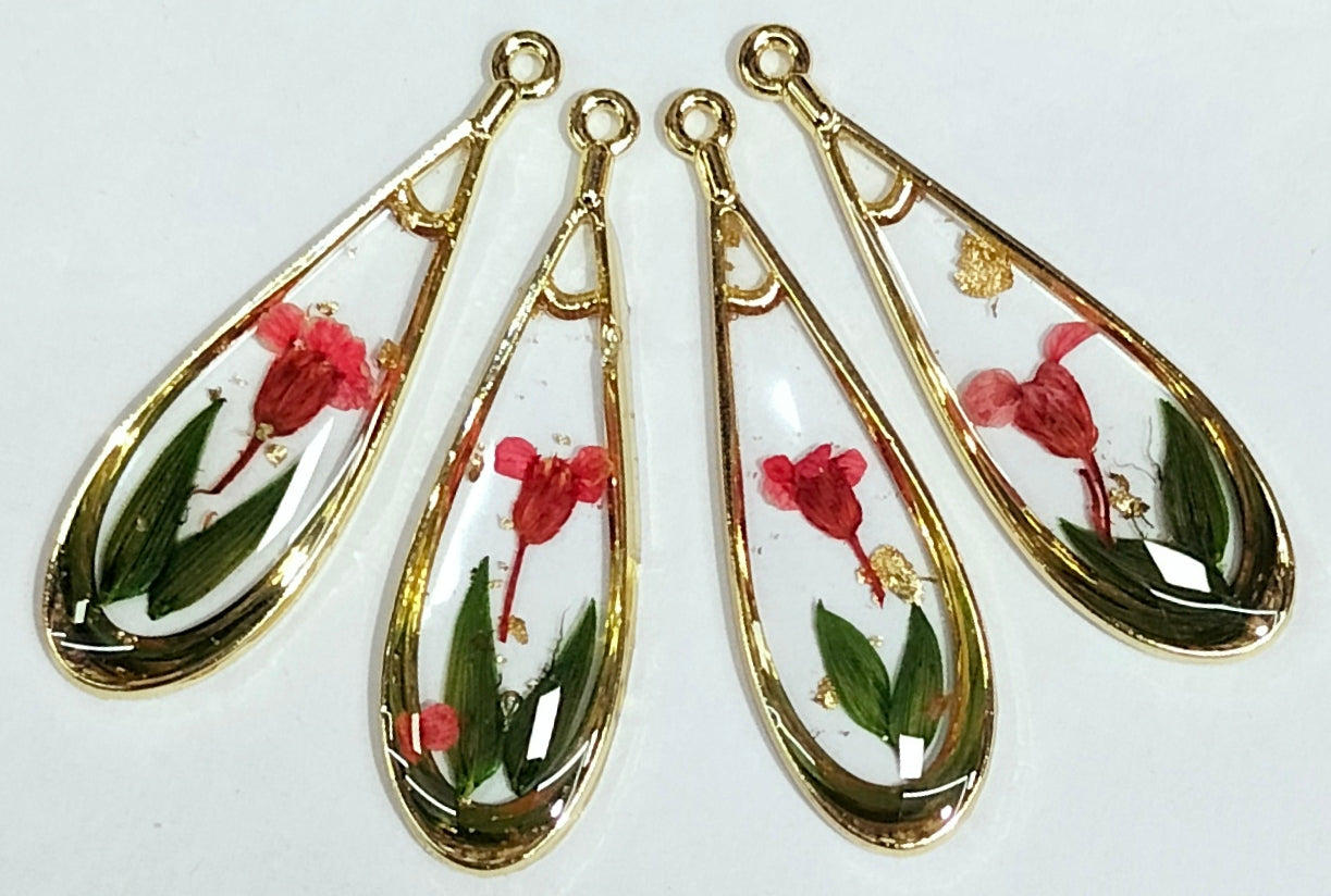 Green & Pink Tear Drop Shaped Floral Design Resin Pendants with One Hole