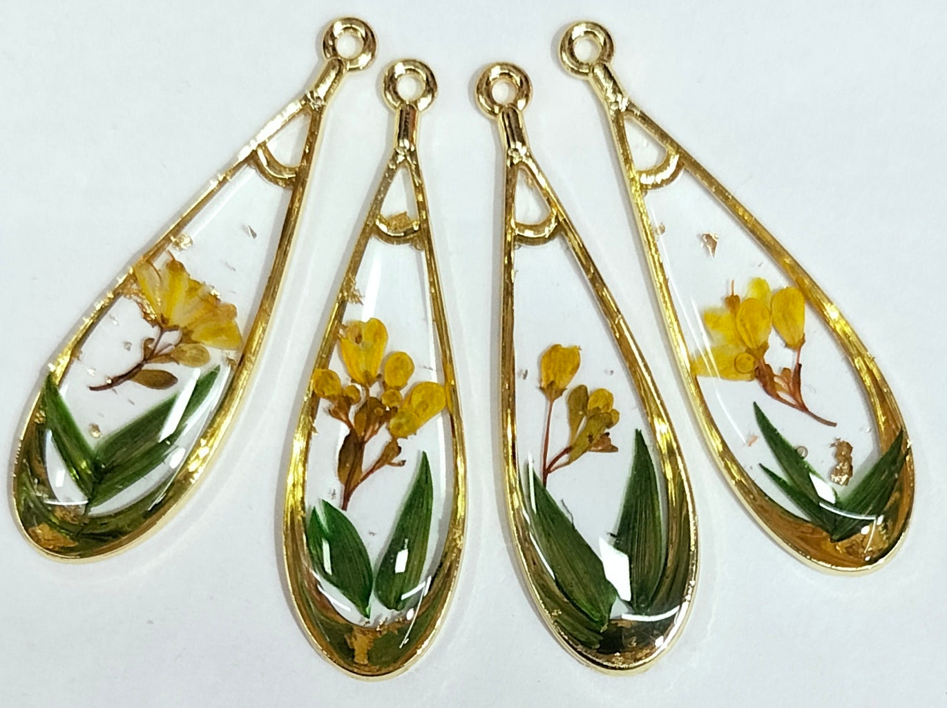 Green & Yellow Tear Drop Shaped Floral Design Resin Pendants with One Hole