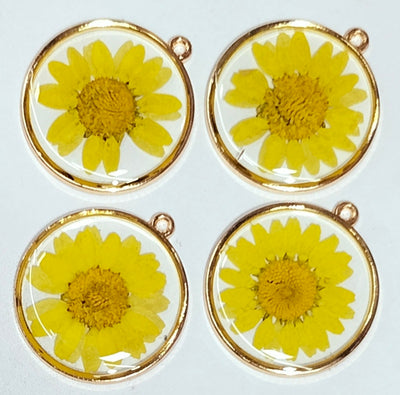 Yellow Spherical Floral Design Resin Pendants with Two Holes