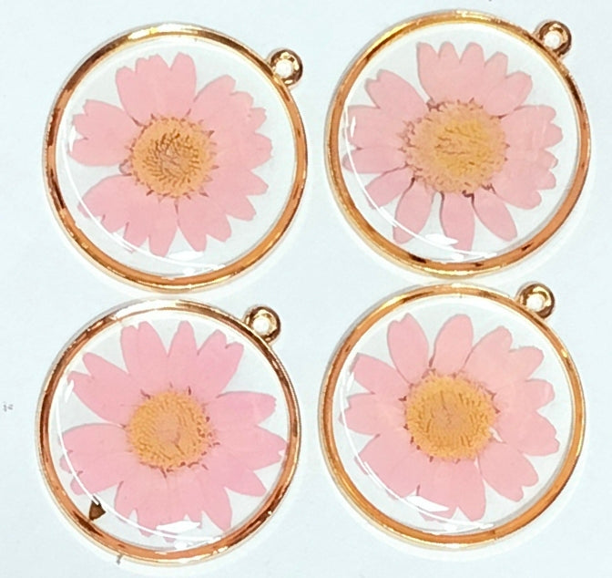 Baby Pink Spherical Floral Design Resin Pendants with Two Holes