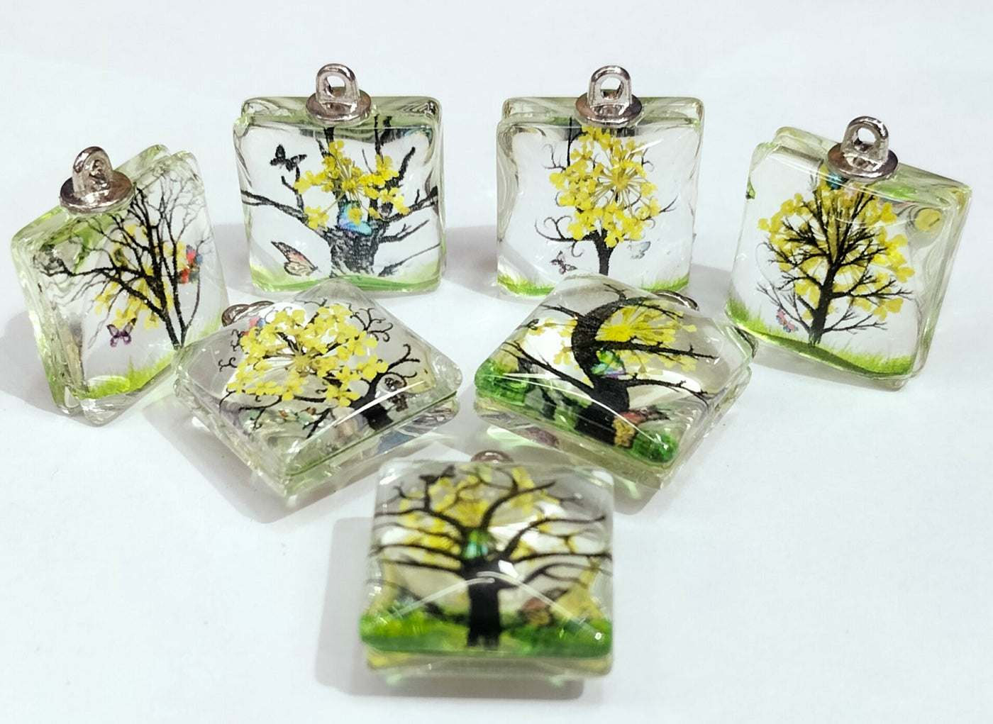 Green & Yellow Square Tree Design Resin Pendants