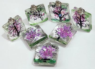 Green & Purple Square Tree Design Resin Pendants