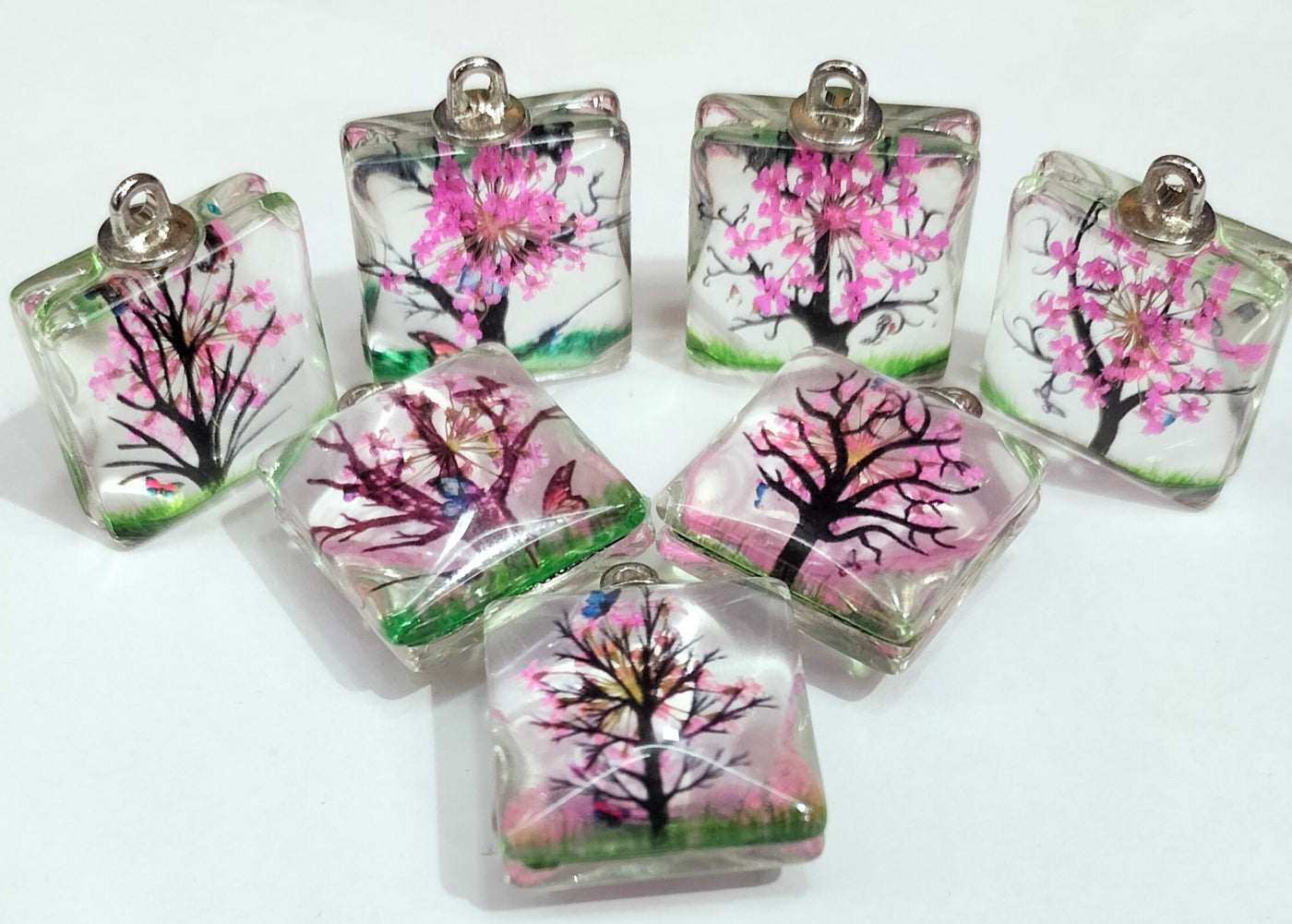 Light Pink & Green Square Tree Design Resin Pendants