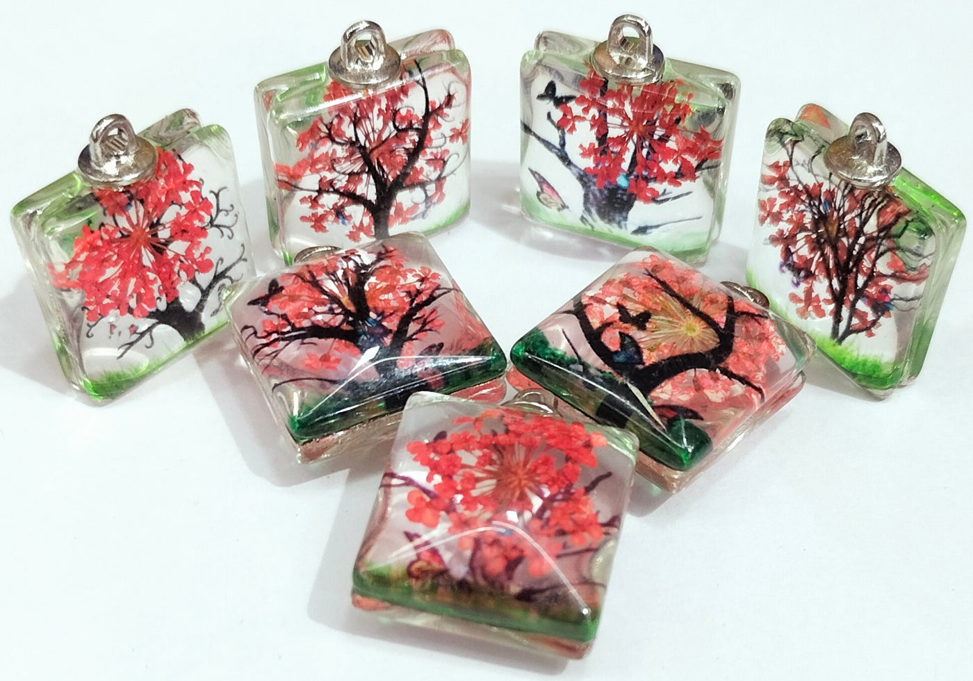 Berry Red Square Tree Design Resin Pendants