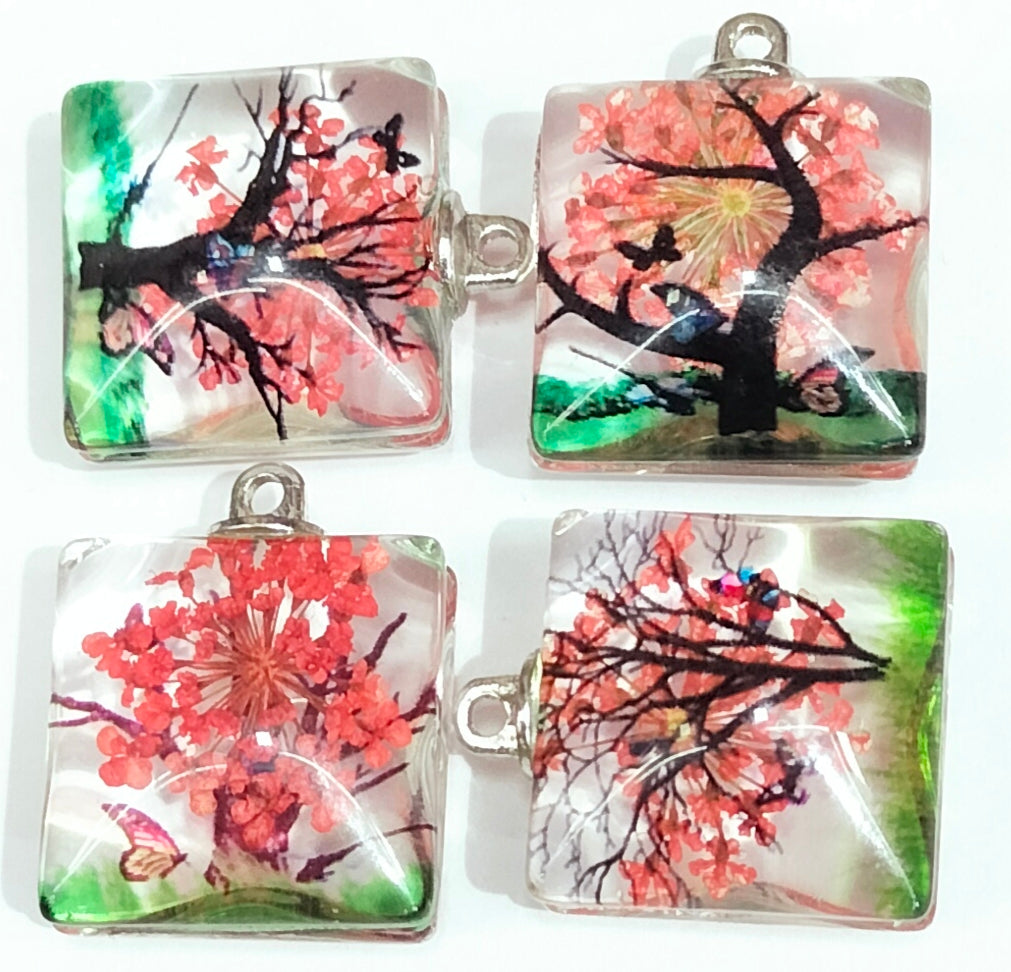 Berry Red Square Tree Design Resin Pendants