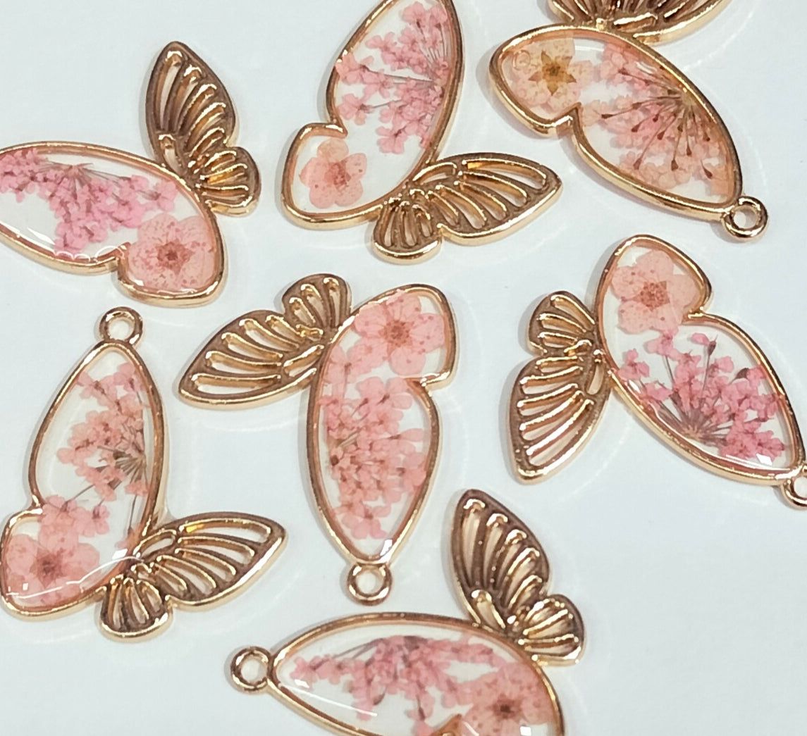 Peach & Golden Butterfly Floral Rsin Charms with One Hole