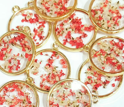 Red & Golden Spherical Floral Design Resin Pendants with One Hole