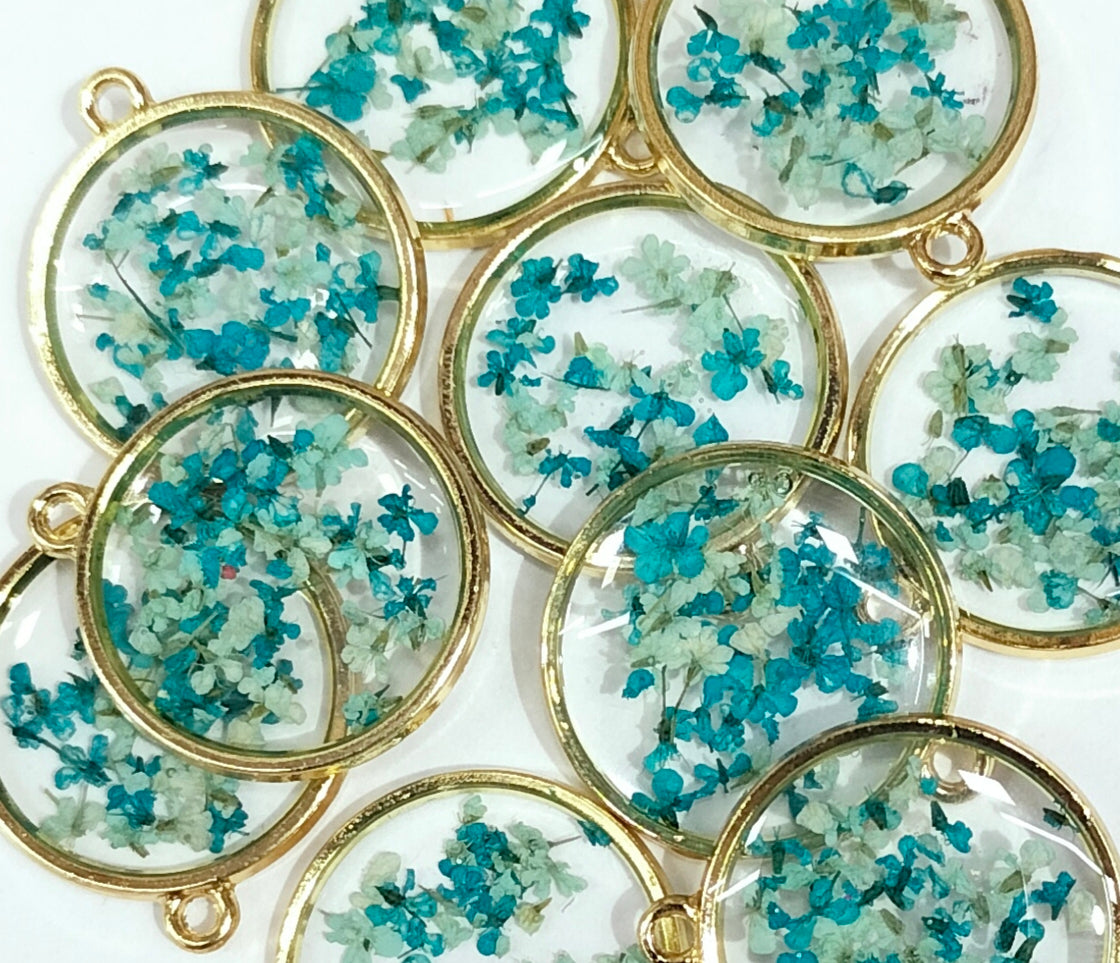 Turquoise & Golden Spherical Floral Design Resin Pendants with One Hole