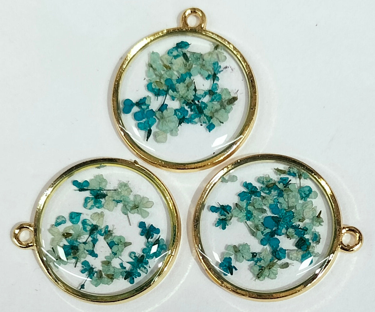 Turquoise & Golden Spherical Floral Design Resin Pendants with One Hole